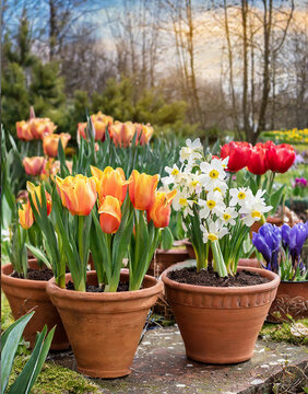 Fototapeta Spring decoration, tulips, daffodils, crocuses in wedge baskets on the background of a spring garden
