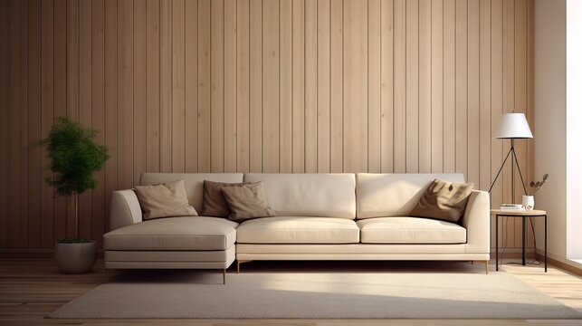 Beige corner sofa in a modern living room with wooden paneling wall