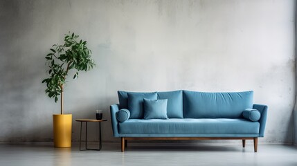 Modern and cozy living room with blue sofa and concrete wall in Scandinavian loft style apartment