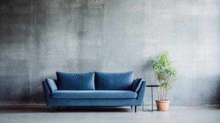 Modern and cozy living room with blue sofa and concrete wall in Scandinavian loft style apartment