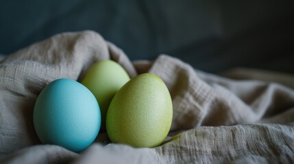  a group of three eggs sitting on top of a bed next to each other on top of a piece of cloth on top of a table cloth on top of a bed. - obrazy, fototapety, plakaty