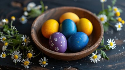 Obraz na płótnie Canvas a wooden bowl filled with painted eggs on top of a table next to daisies and daisies on a wooden table top with daisies and daisies in the background.