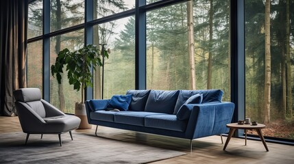 Modern living room with blue sofa and chair, floor to ceiling window, and forest view in Scandinavian style