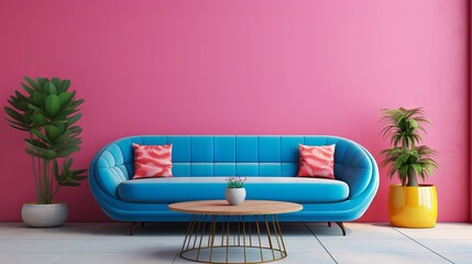 Pop art living room with blue sofa, pink table, and multicolored wall