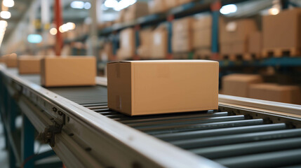 cardboard box packages or products waiting for delivery moving along a conveyor belt in a warehouse - obrazy, fototapety, plakaty
