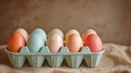  a row of eggs in a carton on a brown cloth with a brown wall in the background and a tan cloth on the side of the carton of the carton.
