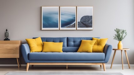 Modern living room with blue sofa, yellow accents, and poster frame in Scandinavian style
