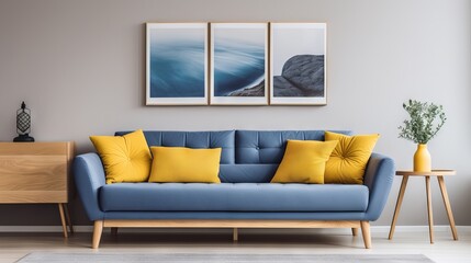 Obraz premium Modern living room with blue sofa, yellow accents, and poster frame in Scandinavian style