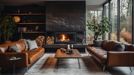 Modern living room with fireplace and mid-century furniture in brown and grey tones - obrazy, fototapety, plakaty