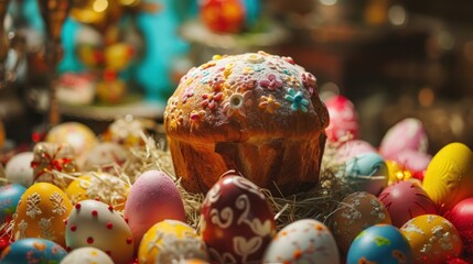 Fototapeta na wymiar a muffin with sprinkles on top of it surrounded by other colorfully decorated eggs in a pile of hay with a blue background of other colored eggs.