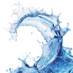 Isolated white water splash with blue waves, refreshing drops, and transparent liquid, portraying the essence of clean and fresh nature in a captivating motion