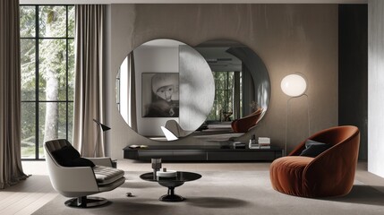  a living room filled with furniture and a large round mirror in the middle of the room next to a chair and a table with a lamp on top of it.