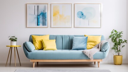 Modern living room with blue sofa, yellow accents, and poster frame in Scandinavian style