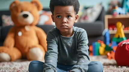 Sad African American boy sitting on the floor with toys - Powered by Adobe