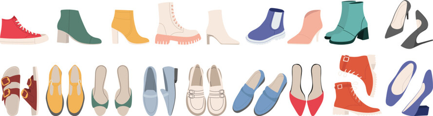 women's shoes set, in flat style vector - obrazy, fototapety, plakaty