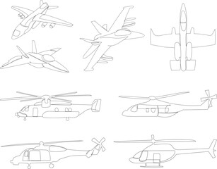 combat helicopters and airplanes, continuous line drawing vector