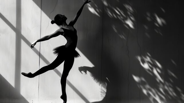  a black and white photo of a ballerina in the shadow of a wall with a shadow cast on the wall behind her and a shadow cast on the wall.