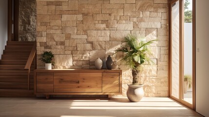 Coastal style entrance hall with stone wall and rustic wood accents