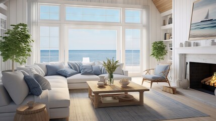 Cozy and elegant living room with coastal decor, white sofa, wooden coffee table, and ocean view