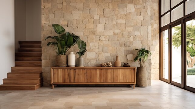 Coastal style entrance hall with stone wall and rustic wood accents