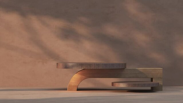 3D render animation 4k platform wooden with cream walls and tree shadows