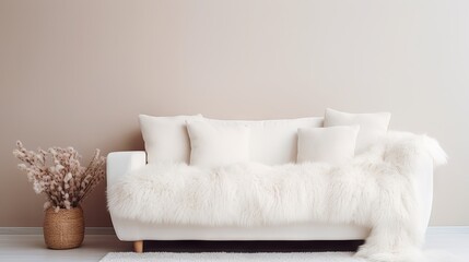 Fototapeta na wymiar Hygge-inspired living room with cozy sofa, sheepskin throw, and pillows