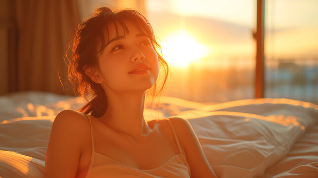 A cheerful woman smiles as she wakes, the morning sun casting a warm and inviting light across her cozy bedroom.