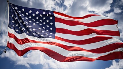 The American flag proudly waving in the wind. This represents an American national holiday and showcases the US flag with its stars