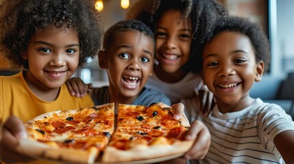 Smiling African American kids sharing pizza together