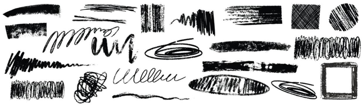 Grunge charcoal scribble stripes,handdrawn doodle bold shapes, paint brushstrokes, ink rough splash blobs. Chalk or marker doodles, urban freehand scratches. Vector Illustration