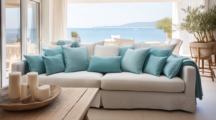 Cozy and elegant living room with fabric sofas, turquoise pillows, and wooden coffee table in a coastal home with sea view