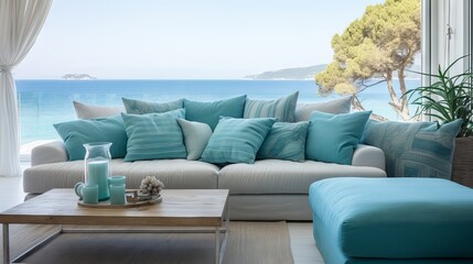 Cozy and elegant living room with fabric sofas, turquoise pillows, and wooden coffee table in a coastal home with sea view - obrazy, fototapety, plakaty