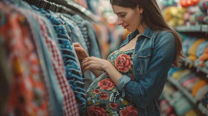 A pregnant woman chooses clothes for herself in the store.