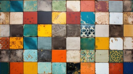  a multicolored tile wall with a face made out of different colors of tiles and a pattern of skulls on the bottom of the tiles and bottom of the tiles.
