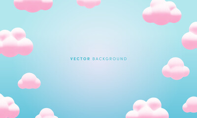 Obraz premium Cute vector background with cartoon 3d pink clouds. Minimal 3d fluffy bubbles in blue sky. Trendy abstract nature background for wallpaper, web, decor, design