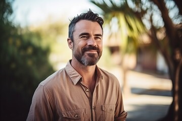 Portrait of handsome mature man with beard and mustache looking at camera outdoors
