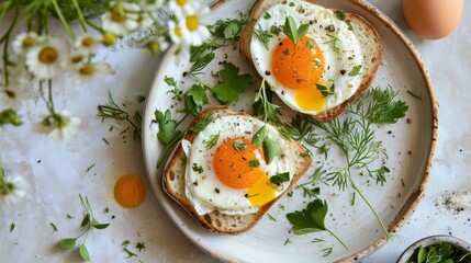  a white plate topped with two pieces of bread covered in eggs and garnished with herbs next to an egg on top of a piece of bread on a plate.