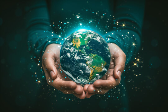 A mystical representation of hands holding the Earth, surrounded by a cosmic glow, emphasizing the magic and wonder of our planet.