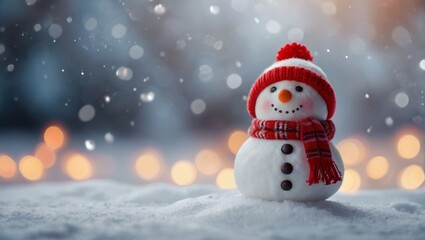 Christmas winter background with snowman in snow and blurred bokeh background.Merry Christmas and happy new year greeting card with copy space.
