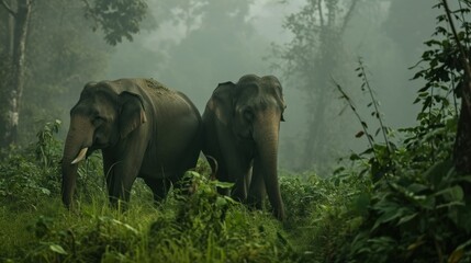  two elephants standing in the middle of a forest in the middle of a foggy day with trees and bushes on both sides of the two elephants are facing away from the camera.