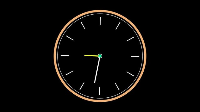 Animated wall clock in 60 second loop. Clock with moving arrows. Time lapse loop. Alpha channel on green background for locking. Black minute and hour hands with second pointer, 4K Quality Video