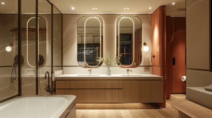  a bathroom with two sinks, a bathtub and a large mirror on the wall above the bathtub and a large mirror on the wall above the bathtub.