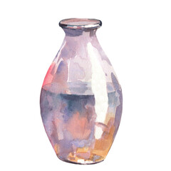 Glass vase, empty transparent vase with water for flowers. Watercolor illustration on isolated background
