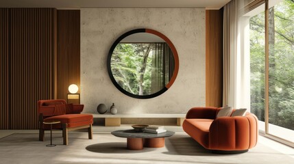  a living room with a round mirror on the wall above a table and two orange chairs and a round mirror on the wall above a coffee table and a round mirror on the wall.