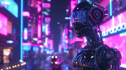 A robotic girl, composed of intricate metallic components, gracefully traverses a futuristic landscape adorned with neon lights and holographic displays 