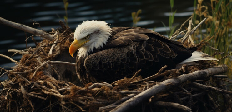 A bald eagle sits on a nest with a fuzzy baby eagle nearby in the natural background.