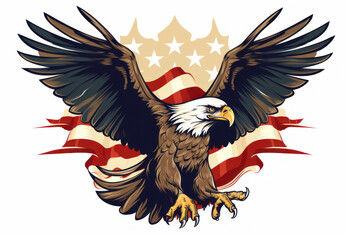An eagle spreads its wings in front of an American flag.