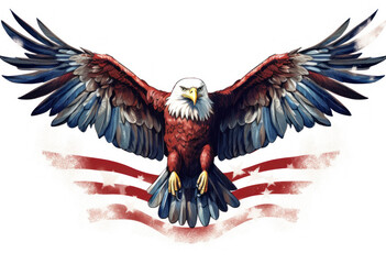 An eagle spreads its wings in front of an American flag.
