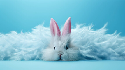 Easter background and a white rabbit with pink ears lay on a floor with blue feathers