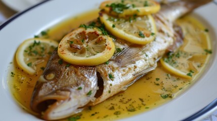  a white plate topped with fish covered in lemon slices and garnished with herbs and garnished with lemon slices and garnished with garnish.